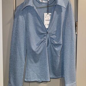 Zara Women's Shimmering Blue Ruched Blouse